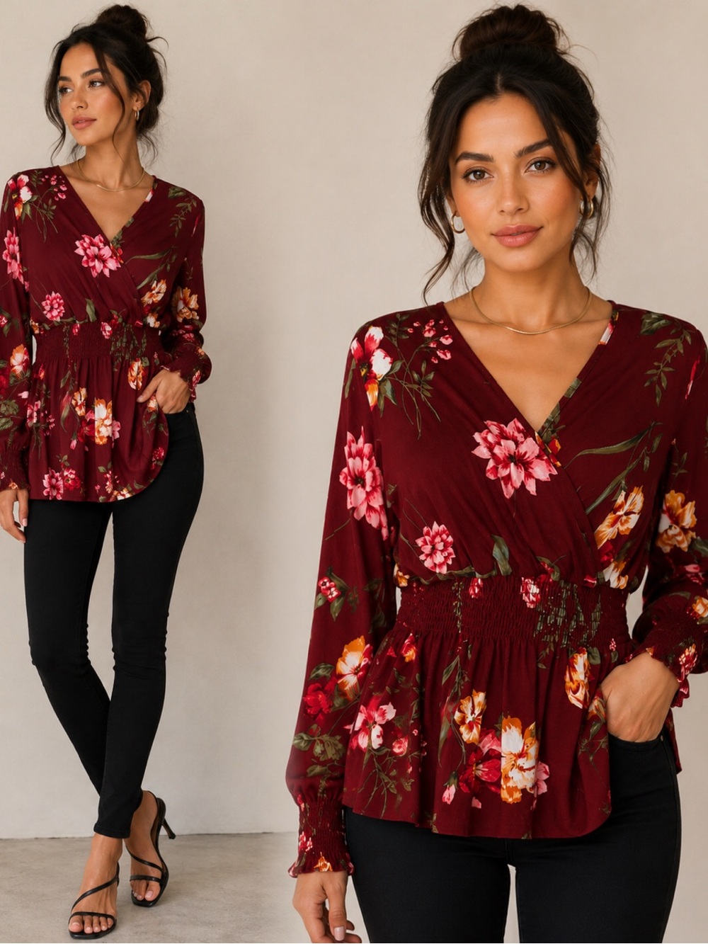 Vine & Love Burgundy Floral Wrap Smocked Waist Tunic
